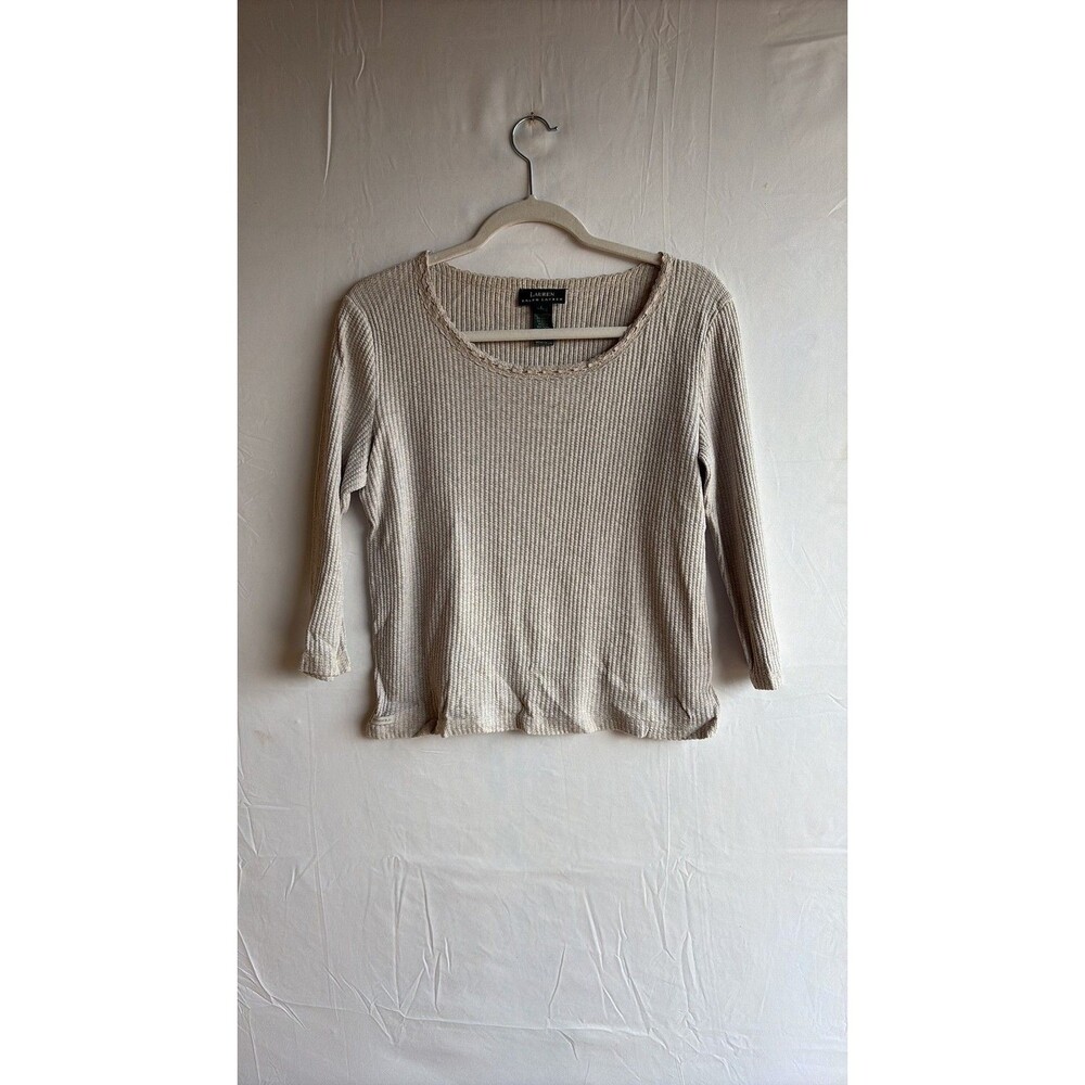Lauren Ralph Lauren Beige Ribbed Cotton Top with Lace Neckline